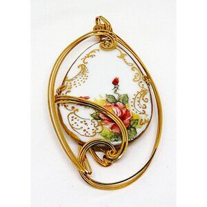 Artisan Signed Porcelain Rose Pendant With Gold Wire Wrap New